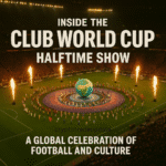A vibrant stadium during the Club World Cup halftime show featuring a globe-themed stage, performers in cultural costumes, and pyrotechnics lighting up the scene.